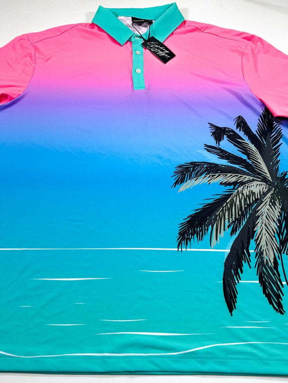 Sunday Swagger Polo Shirt Men's 2XL Pink Blue Palm Tree Golf Performance NEW NWT